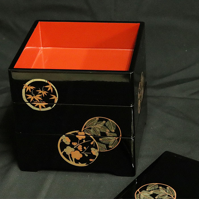 重箱 3段 日本製 国産 会津漆器 6.0 三段重共足 花丸 黒 内朱 6寸 5〜6