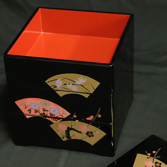 重箱 3段 日本製 国産 会津漆器 5.5 三段重共足 扇面F 黒 内朱 5.5寸 3