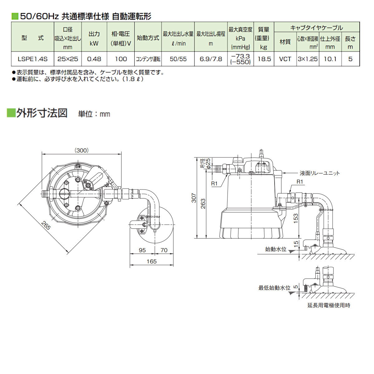 ツルミポンプ ツルミ 鶴見 LSPE1.4S 残水吸排水用 水中ポンプ 自動型