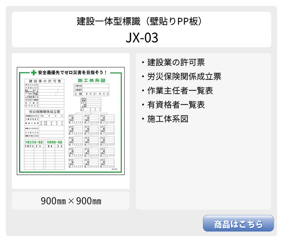 建設一体型標識 JX-05 壁貼りタイプ PP製 建設業の許可票 / 労災保険