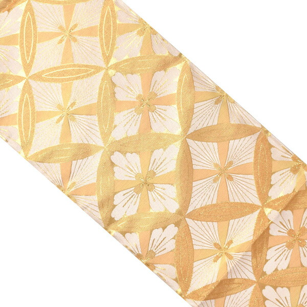 振袖 帯「オレンジゴールド 花七宝」日本製 未仕立て 六通柄 振袖用