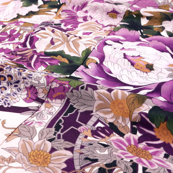 七五三 7歳 四つ身着物フルセット「白桜色地、紫 花車」女の子 7才