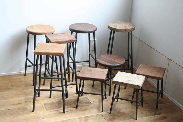 スツール おしゃれ 木製 北欧 アイアン 鉄とオーク材Mサイズ（丸