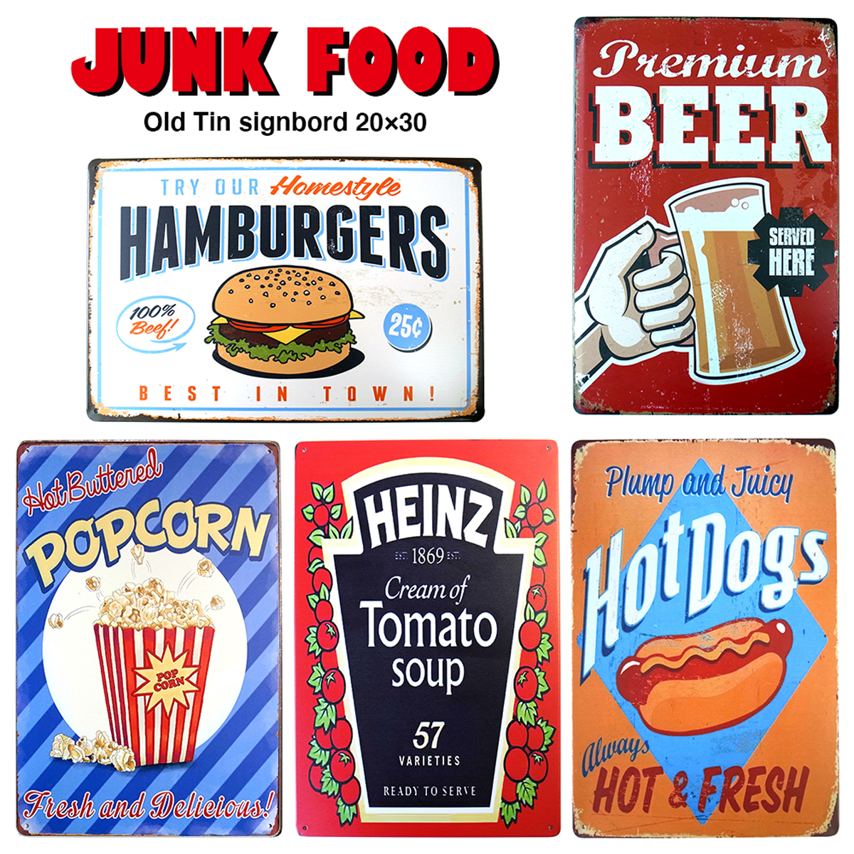 ハンバーガー ビール ホットドッグ ポップコーン ブリキ看板 20cm×30cm