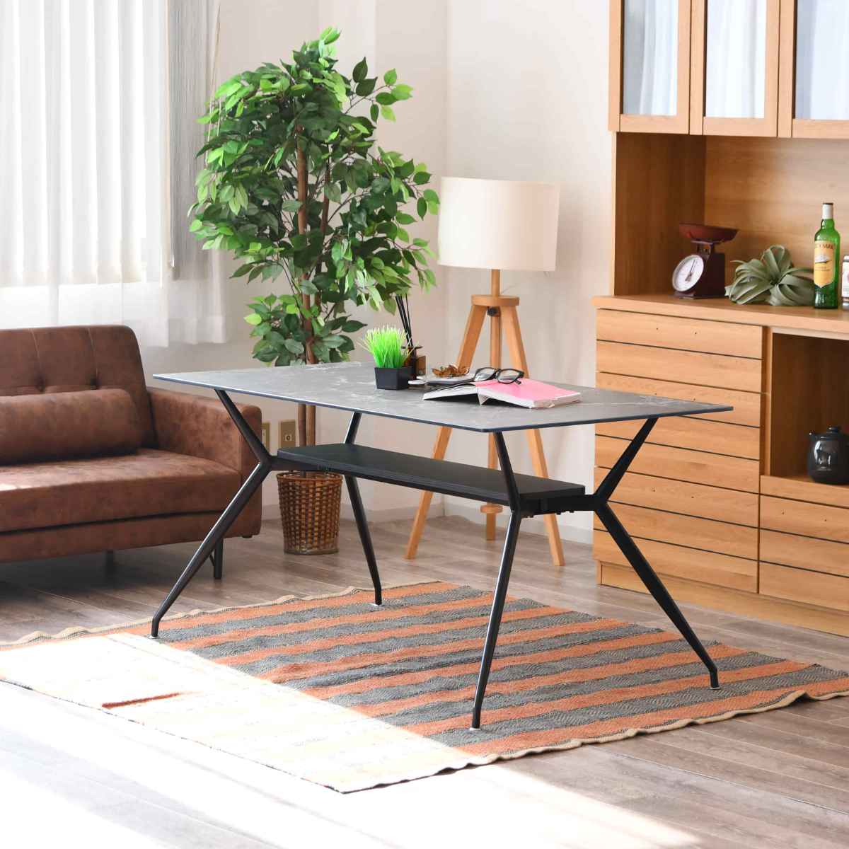 ダイニングテーブル 4人掛け 大理石調 収納スペース付き 幅140cm （ 石