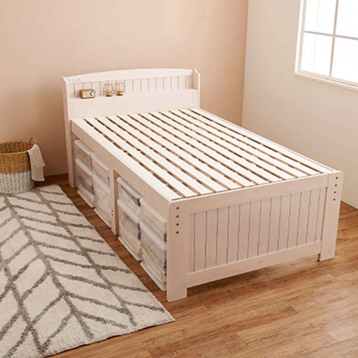 HAGiHARA（萩原） ベッド セミダブル 高さ3段階調節 宮棚 2口