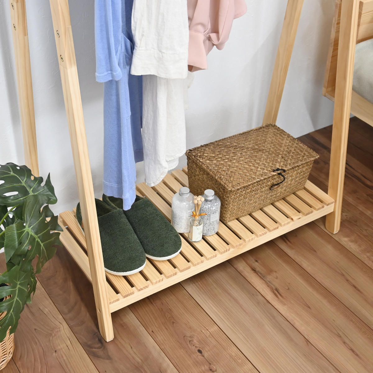 フクダクラフト ハンガーラック A型 棚付 天然木フレーム 幅75cm