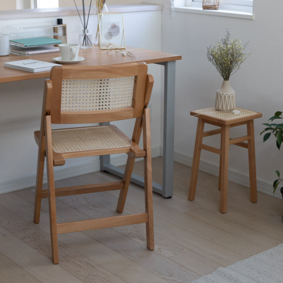 弘益 Mash チェア ラタン 座面高41.5cm 天然木 折りたたみ （ 椅子