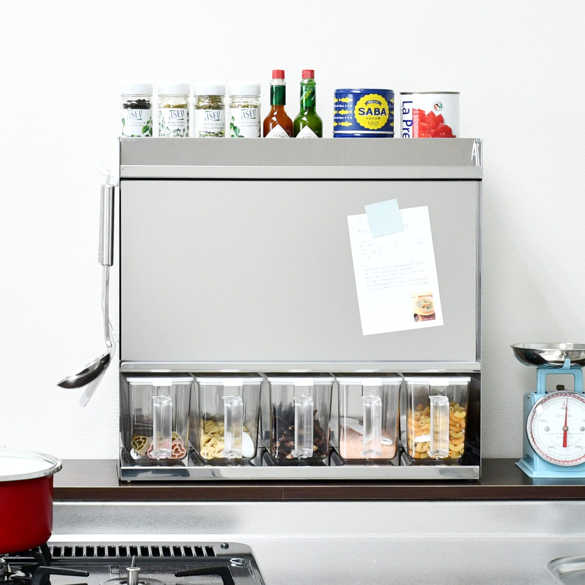 調味料ラック フラップ扉のステンレススパイスラック 調味料ポット 5個