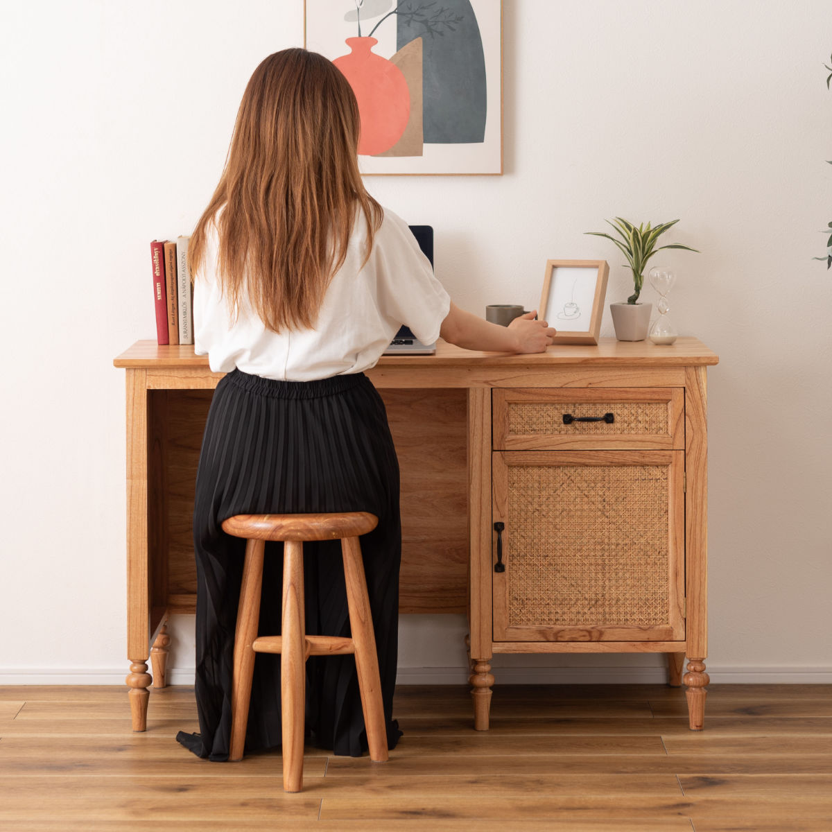 東谷 デスク シンプル 幅112cm 引出し付 ラタン （ 机 パソコンデスク