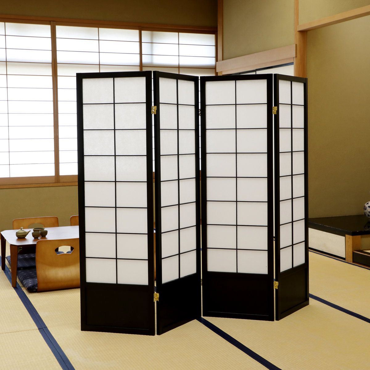 弘益 和風衝立 4連 折りたたみ 高さ150cm 天然木 完成品 不織布