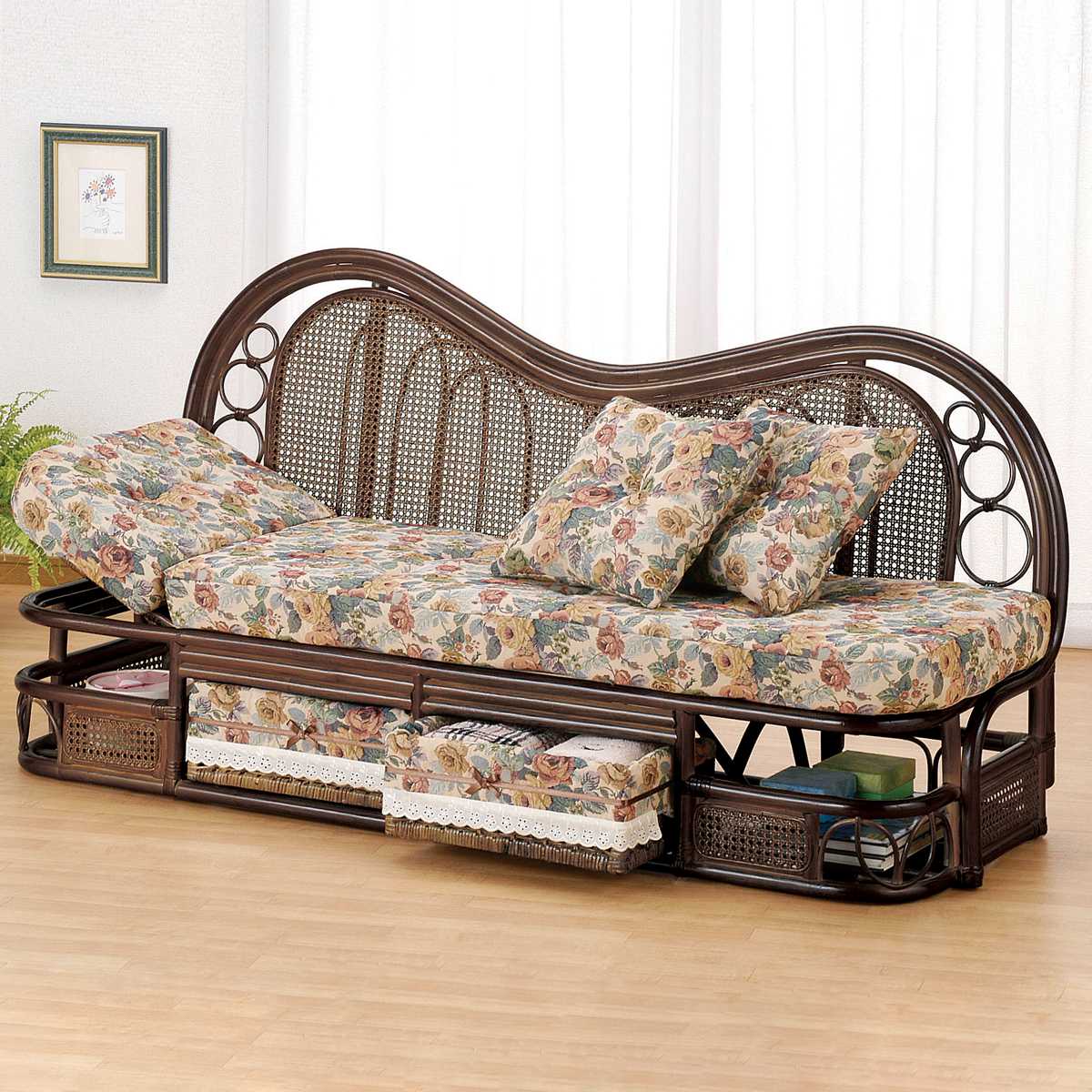 今枝商店 籐 カウチソファ リクライニング 引出し付 幅165cm （ 家具