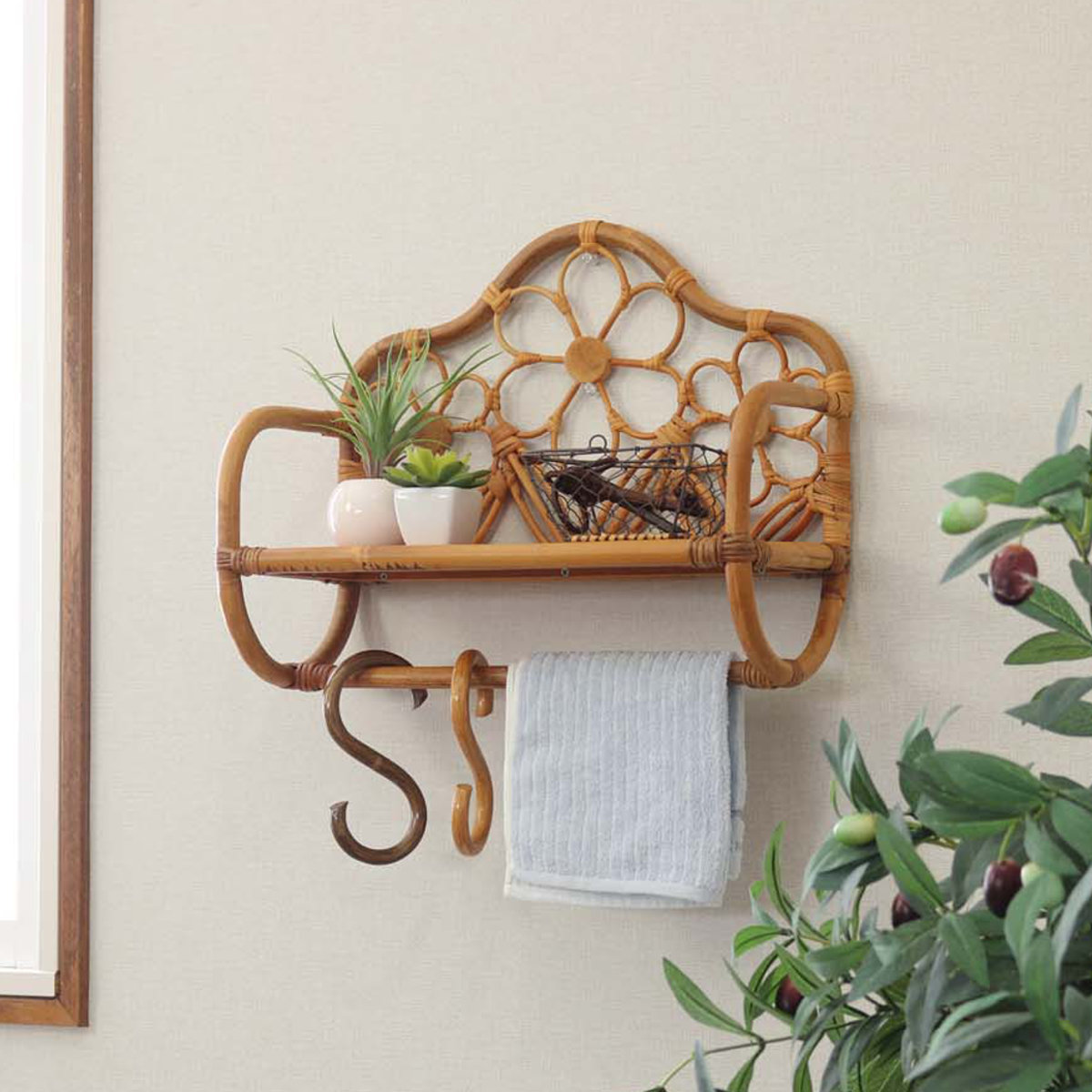 籐 飾り棚 ウォールラック ハンドメイド 約幅43cm （ ラタン製 壁掛け