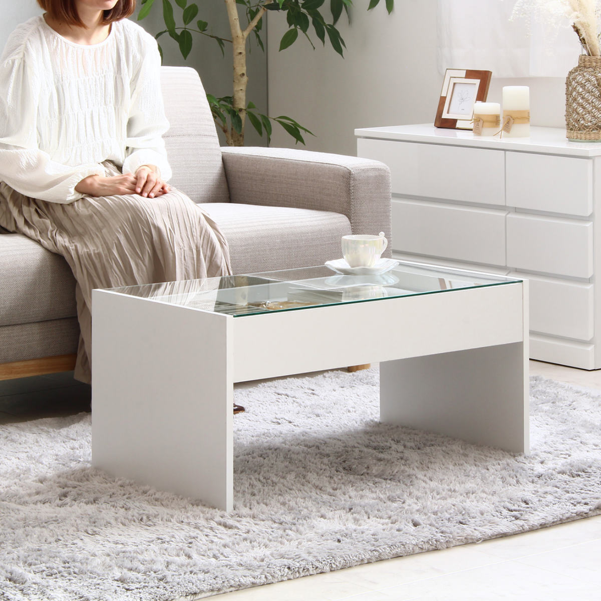 岩附 ガラステーブル 幅74cm 引き出し ディスプレイ （ テーブル