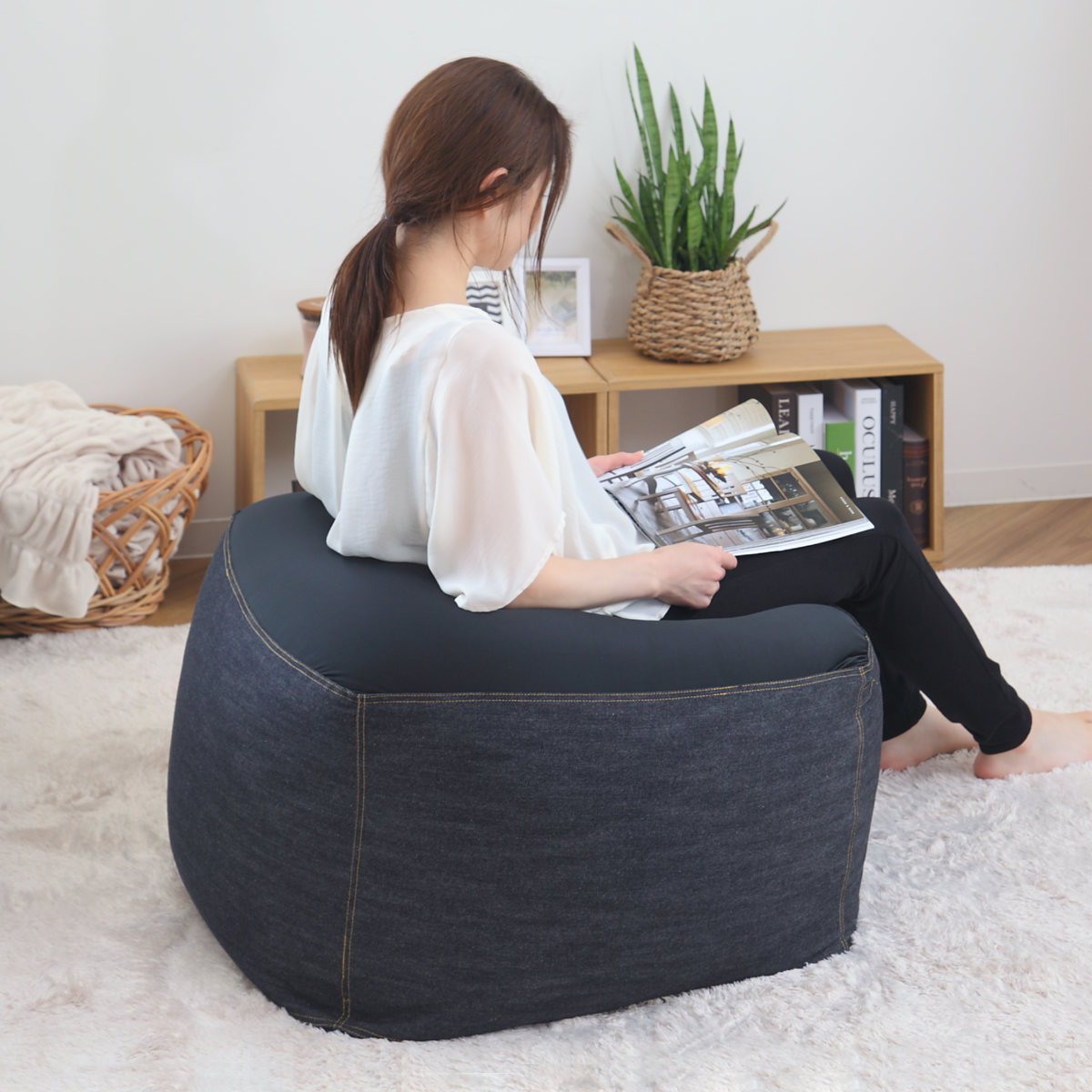 ビーズクッション Lサイズ キューブチェア デニム （ 洗える カバー