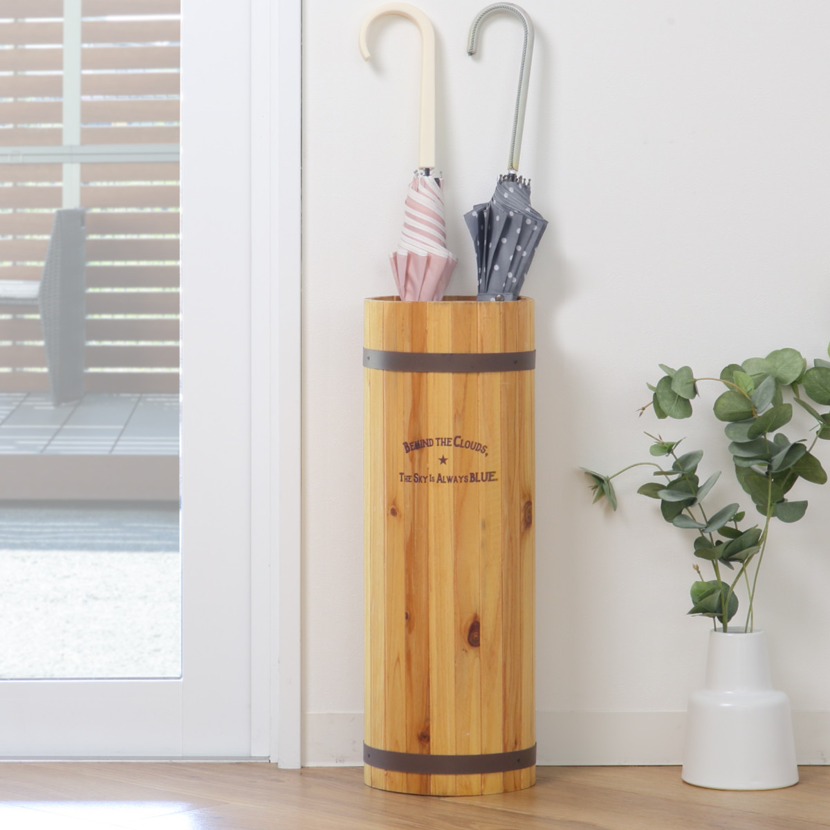 傘立て スリム 円柱 木製 受け皿付き （ アンブレラスタンド 傘立 樽風