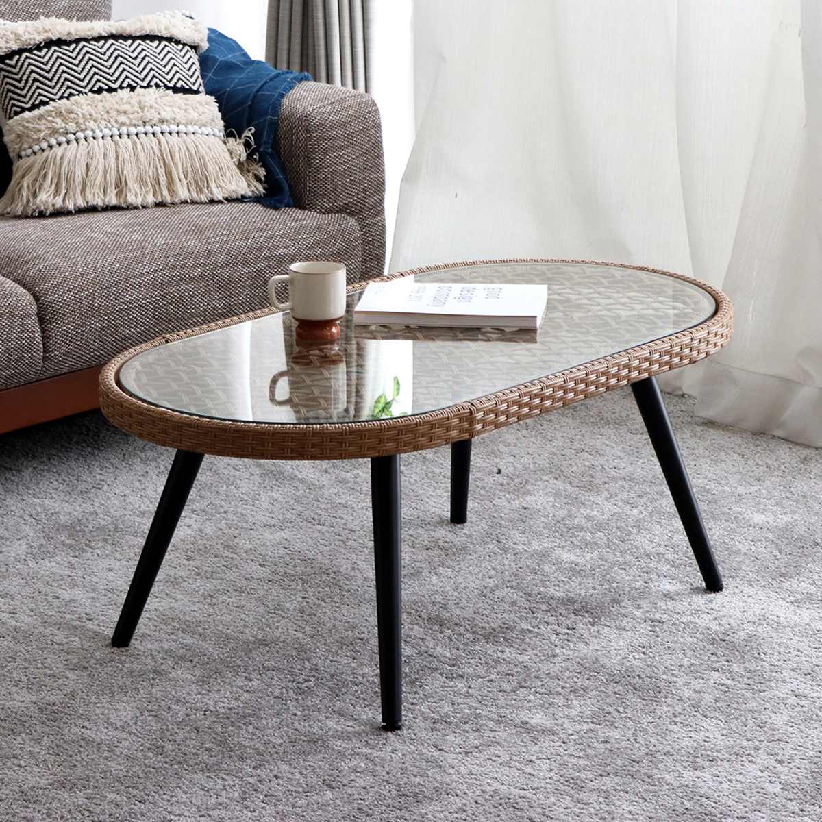 東馬（Tohma） リゾネア リビングテーブル 幅105cm ラタン調 ガラス天