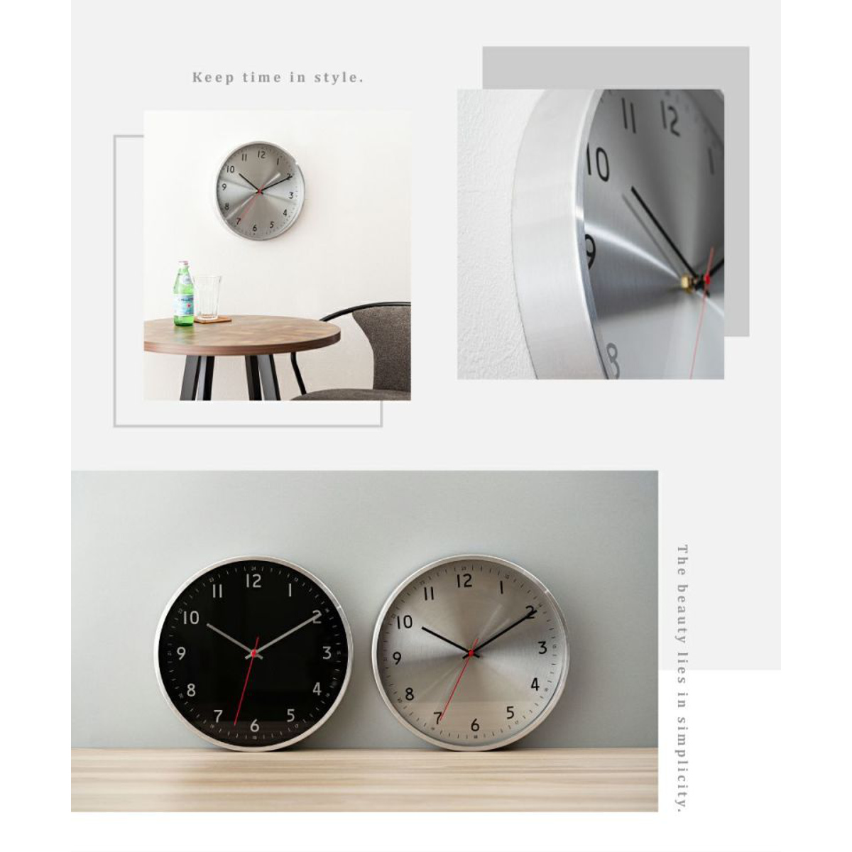 掛け時計 静音 ガラス アルミフレーム ウォールクロック （ クロック