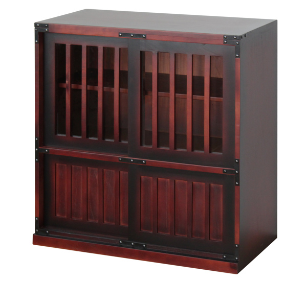 ミヤグチ企販 キャビネット 民芸調 格子デザイン 引き戸収納 幅67cm