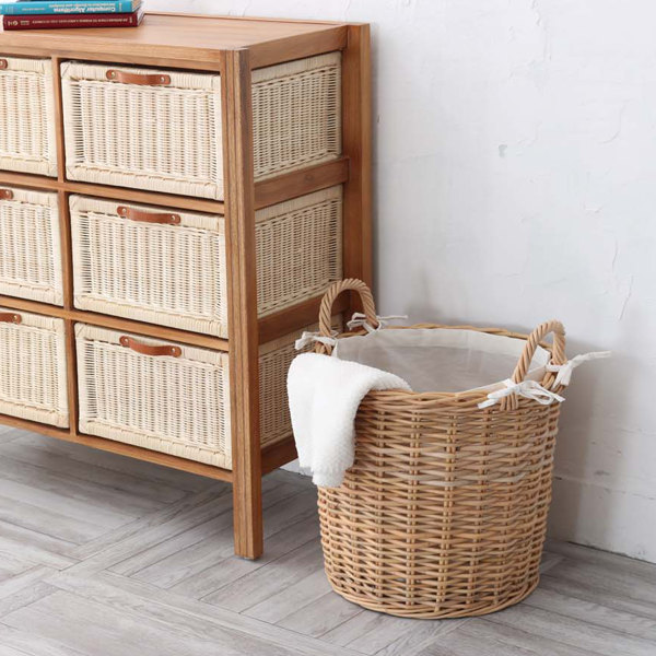 籐 バスケット 円型 持ち手付き 内布付 ラタン製 かご 約直径42cm