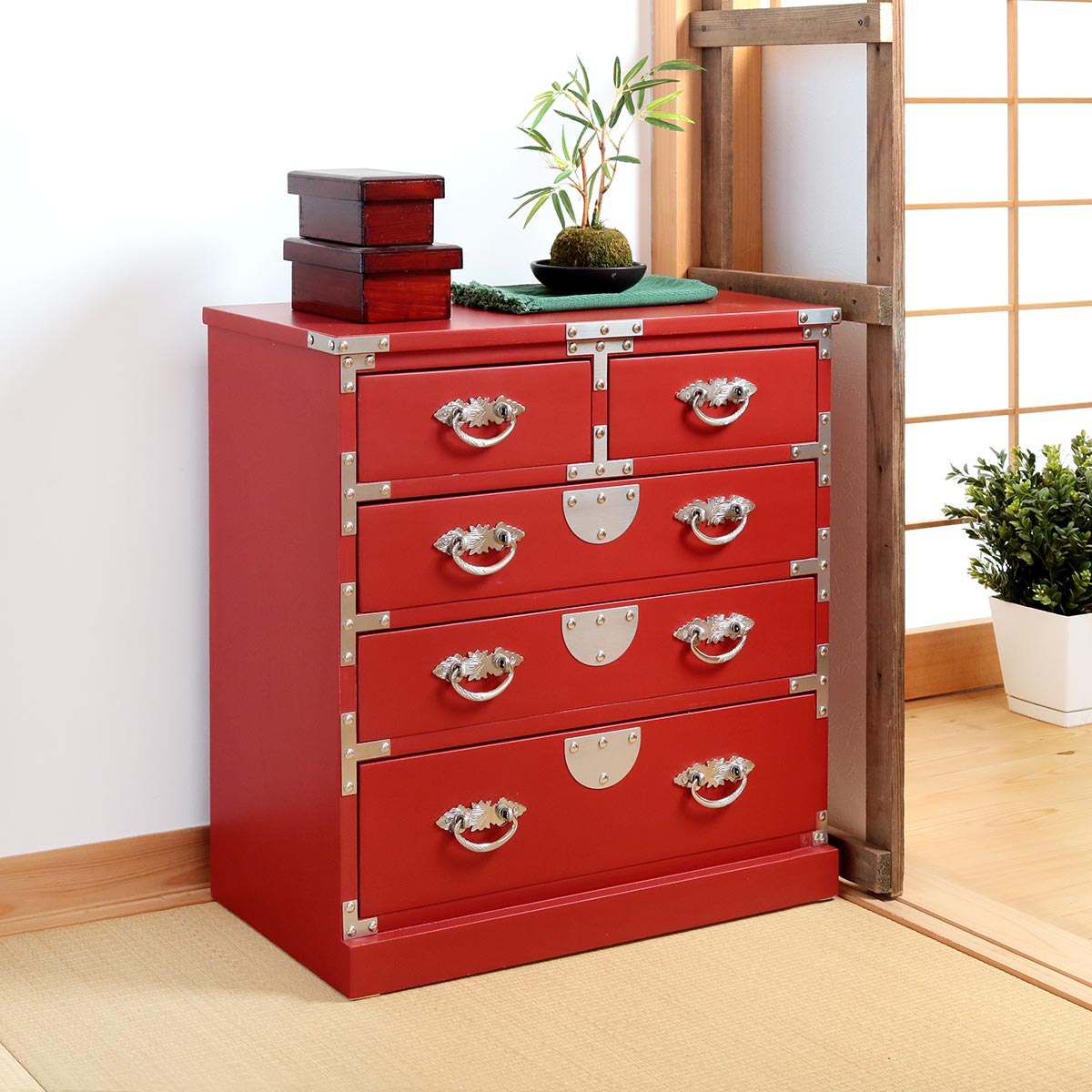 引出箪笥 4段 民芸調 和風チェスト 朱雀 幅58cm （ 箪笥 和風民芸調