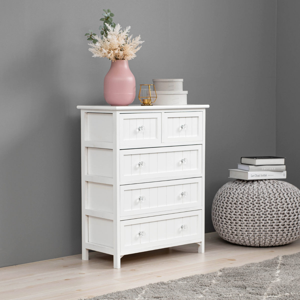 ウッドチェスト 4段5杯 シャビー調 クリスタル調取っ手 幅60cm （ 収納