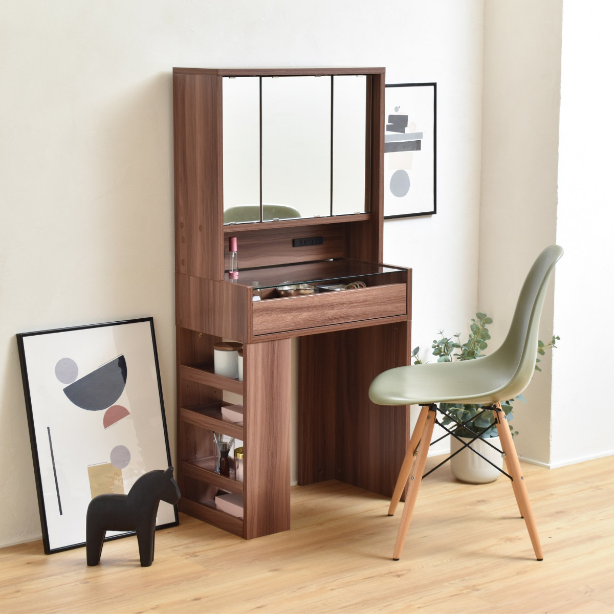 ドレッサー 高さ129cm 三面鏡 ガラステーブル （ ハイタイプ