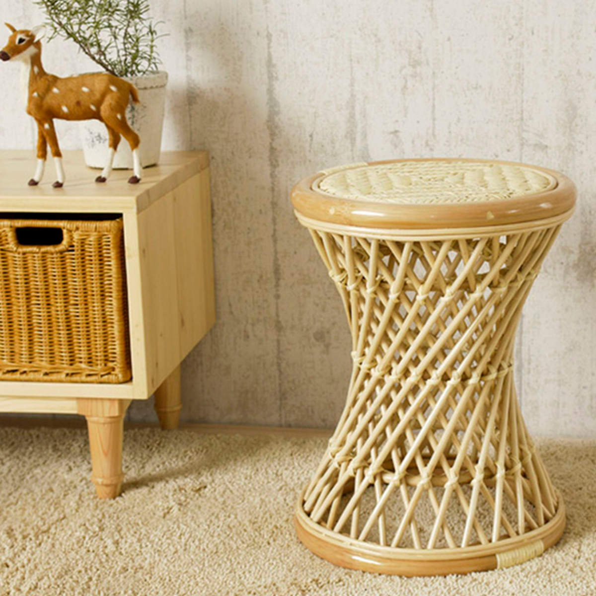 良品 天然ラタン 回転スツール2脚セット 昭和レトロ 丸椅子 椅子