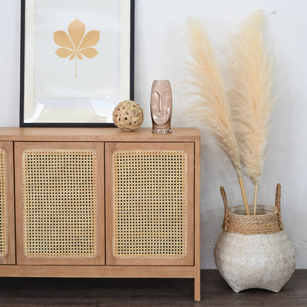 キャビネット ラタン チーク無垢材 KAGOME 120cm幅 開梱設置 （ 収納