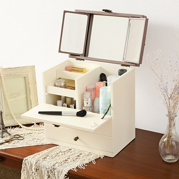 HAGiHARA（萩原） コスメボックス 三面鏡 アンティーク調 収納 大容量