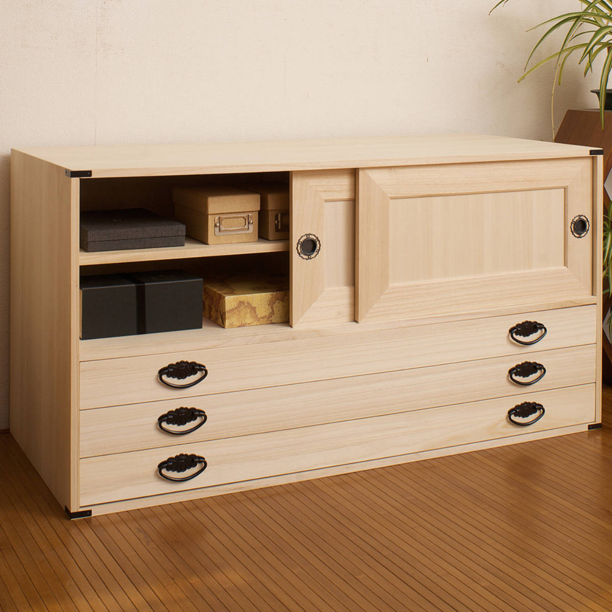 桐タンス 幅99.5cm 引出し3段 上置き兼用 引戸 日本製 （ 桐箪笥 収納