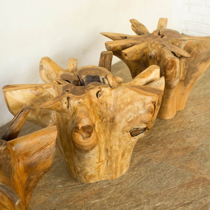 チーク無垢材 原木ローテーブル 切り株テーブル 無垢 木の根 ガラス天