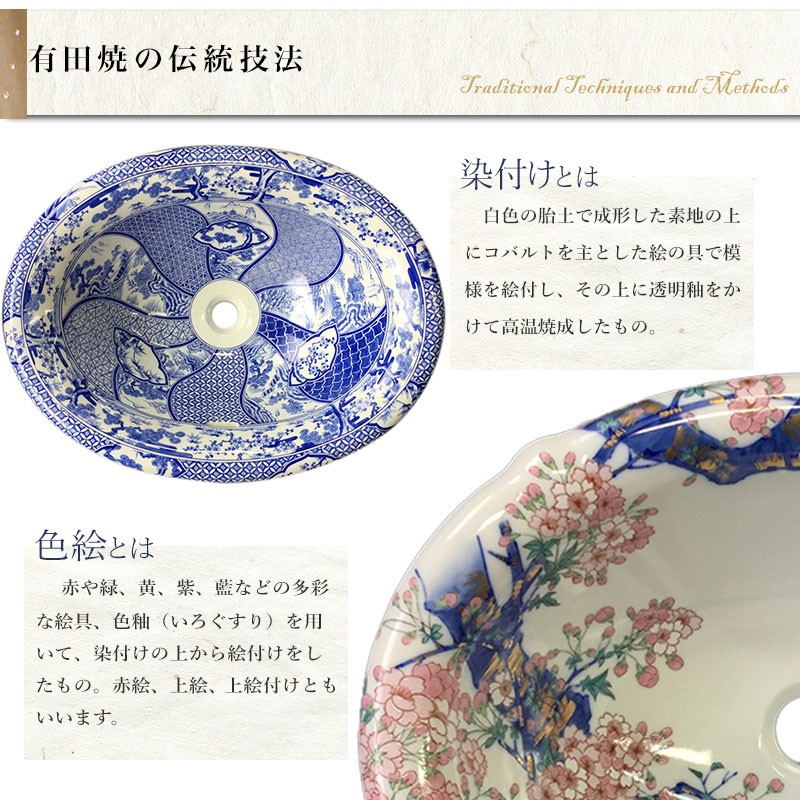 有田焼 染付祥瑞 埋め込み 深型 洗面ボウル 選べる3タイプ W580×D450