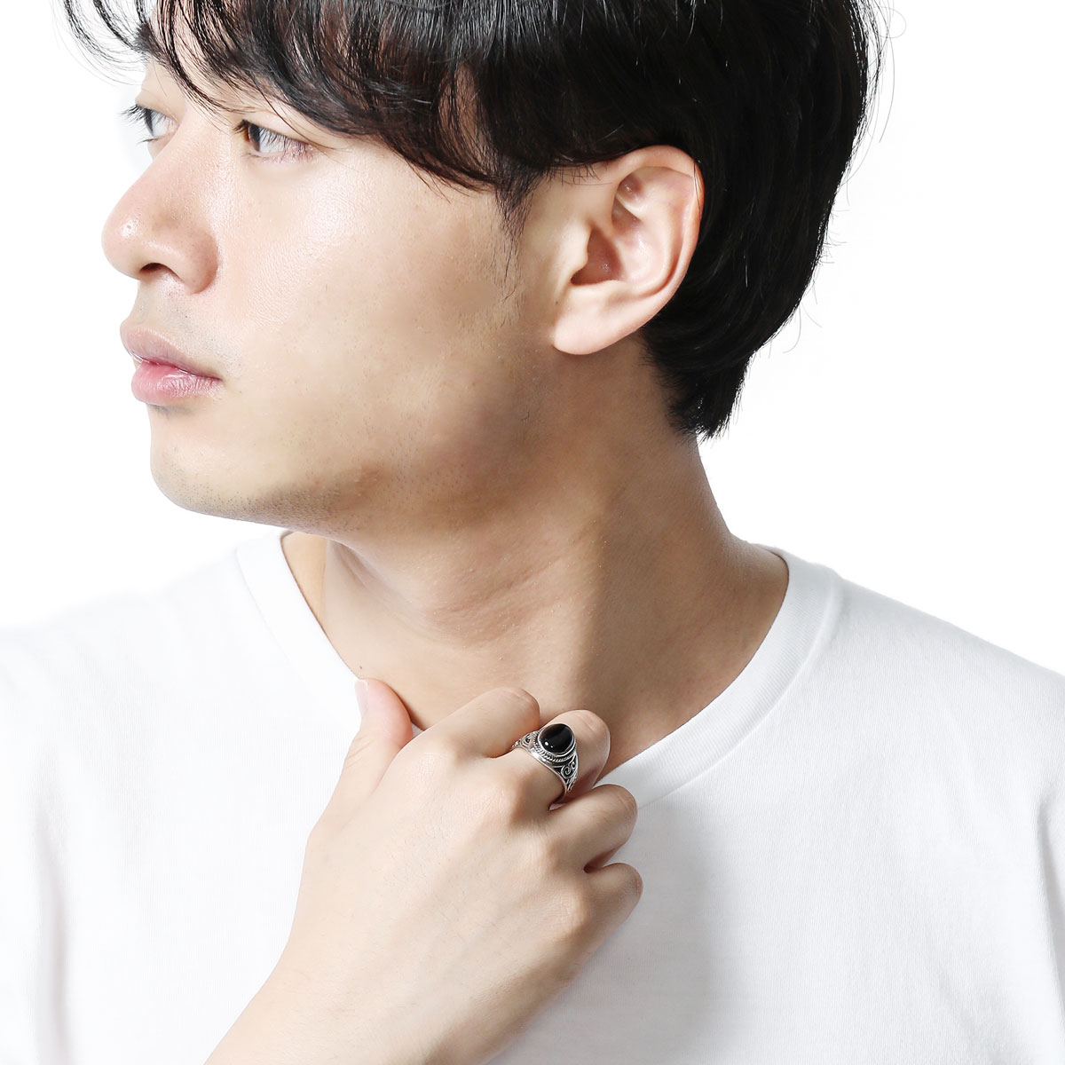 リング シルバー925 天然石 オニキス アラベスク 燻し加工 透かし彫り