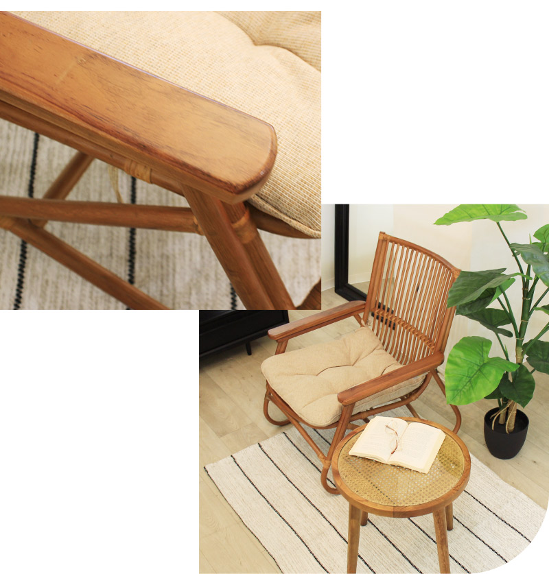 ラタンチェア ラウンジチェア 籐椅子 クッション付き 肘付き