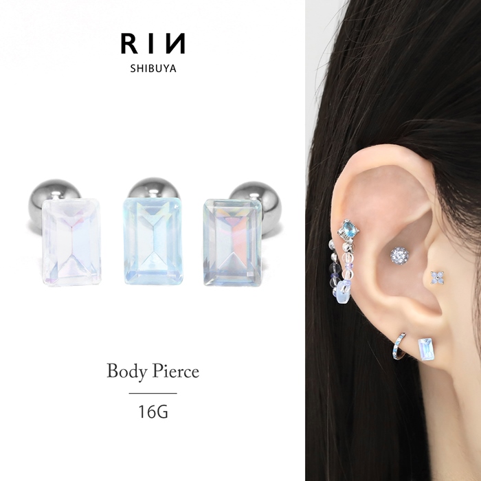 凛 RIN 軟骨ピアス 16G ボディピアス スクエア 長方形 ガラス