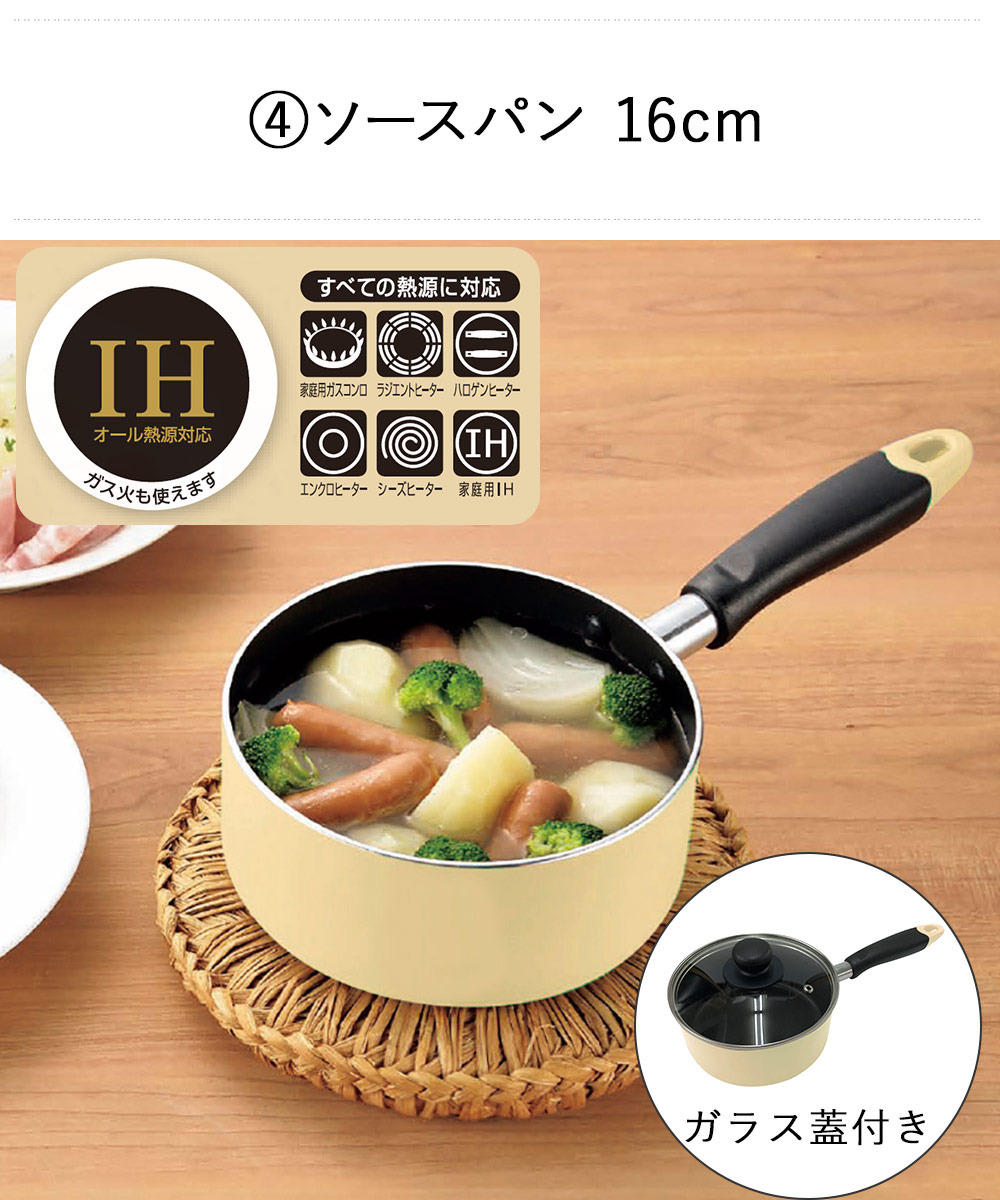 一人暮らし用 とりあえず 鍋 ＆ フライパンセット クリーム