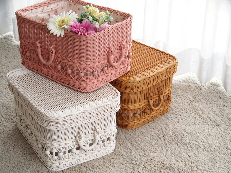 バスケット 収納 かご カゴ フタ付き 蓋付き スタッキング ラタン 籐