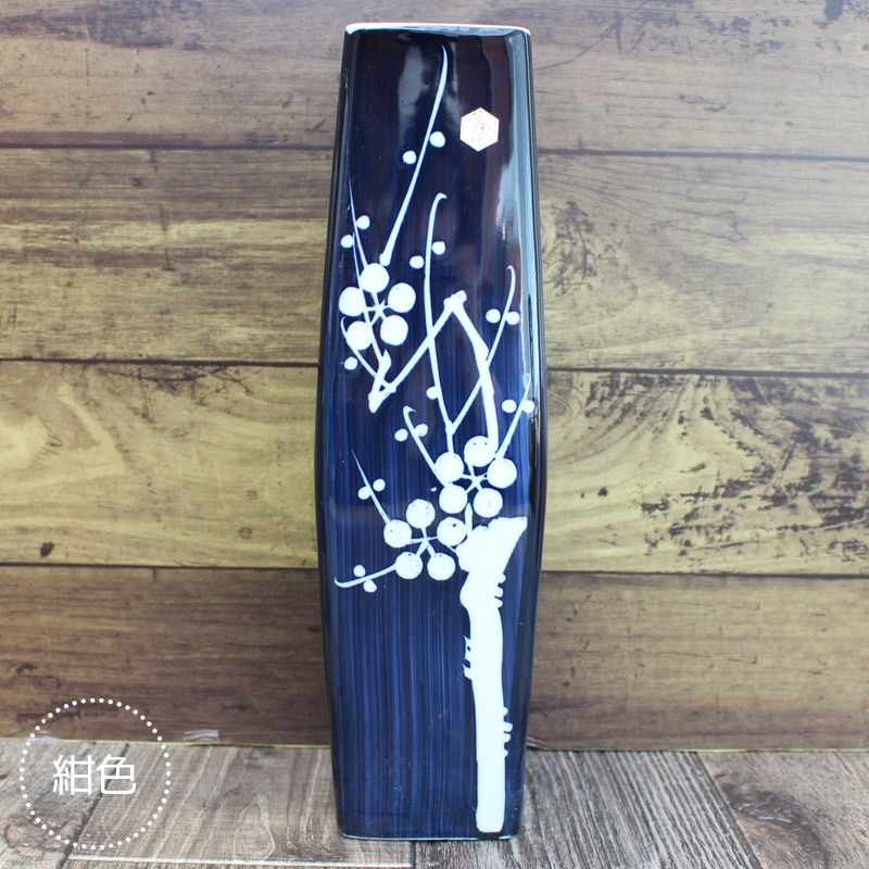 花瓶 花器 フラワーベース 30.5cm 四角柱 陶器 レトロ 仏花 梅の花