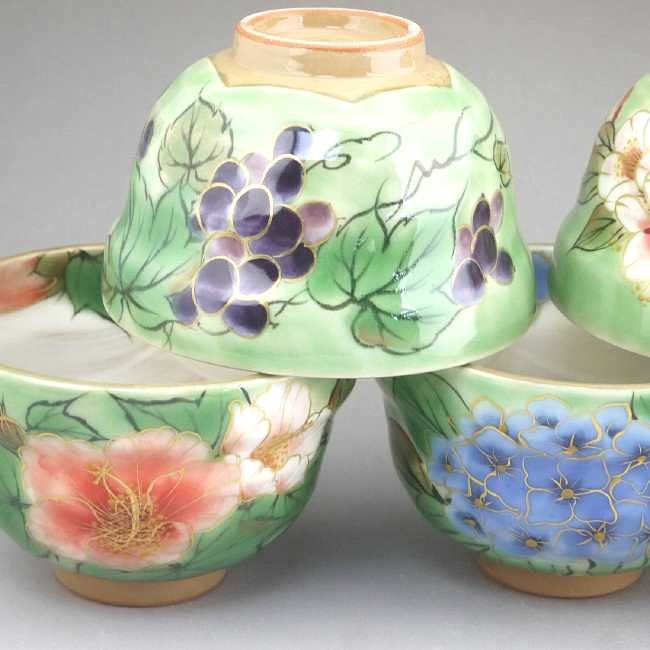 京焼 清水焼 織部五草花お茶呑茶碗揃え 陶あん : 松韻堂 Yahoo!店