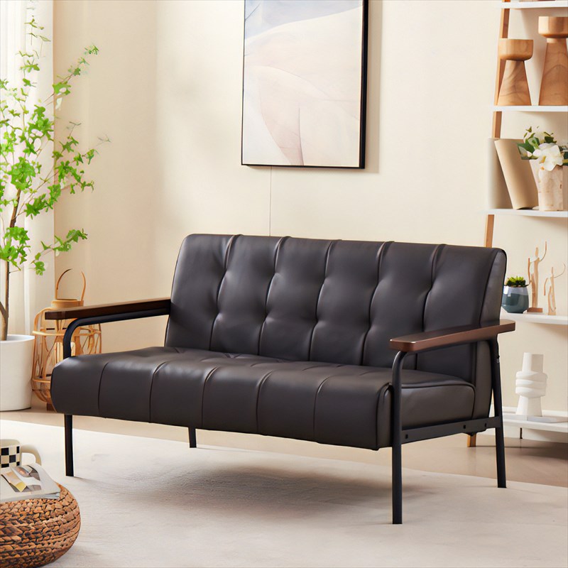 URBAN 木肘ソファ ブラウン アンティーク調 レトロ デザイン 合成皮革