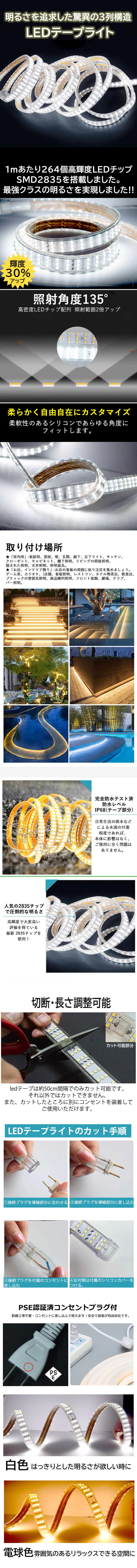 究極爆光三列 ledテープライト ledテープ 白 電球色 ACアダプター