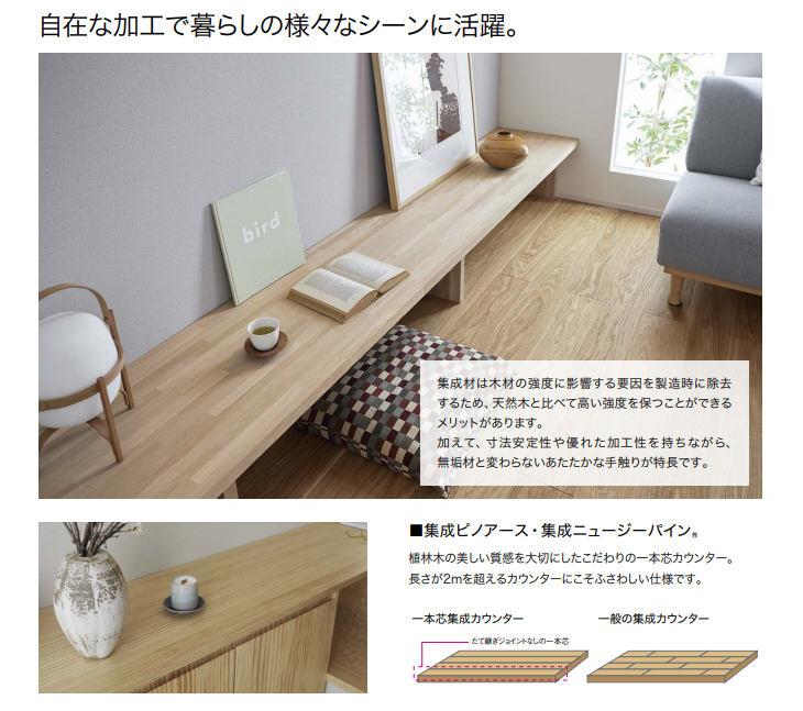 ウッドワン 集成材カウンター 集成オーク H型 30mm厚 長さ2000mm 幅