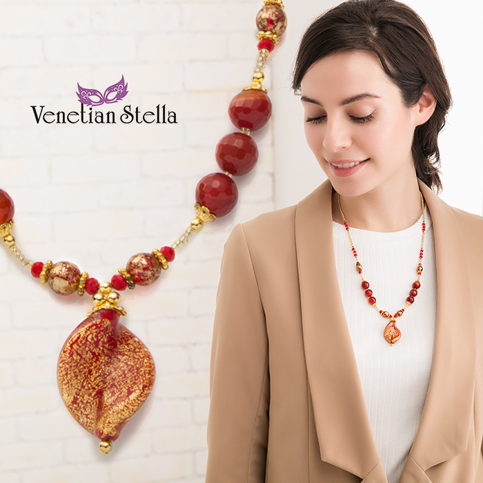 ネックレス ショート ヴェネチアン ベネチアン グラス ガラス 葉 金箔