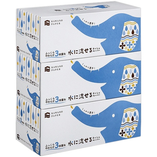 河野製紙 水に流せるボックスティッシュ 3枚重ね 120組 3箱/袋（ご注文