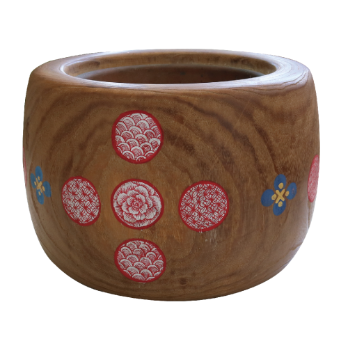 古い 桐火鉢一対 菊蒔絵 小さめ 手あぶり 6.5号 高さ約15.3cm【