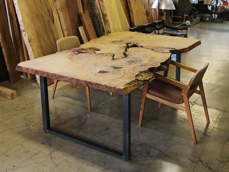 箕面店展示≪完成品≫屋久杉板テーブル 鉄脚セット W2150×D1030-1250