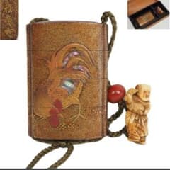 送料無料 江戸時代 極上品（在銘）本金梨子地螺鈿蒔絵 鶏図印籠 人物