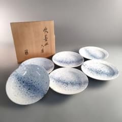 A1354-6/蕗窯/小松華功/染付吹墨皿6客/共箱/飾皿/銘々皿/盛皿/菓子皿