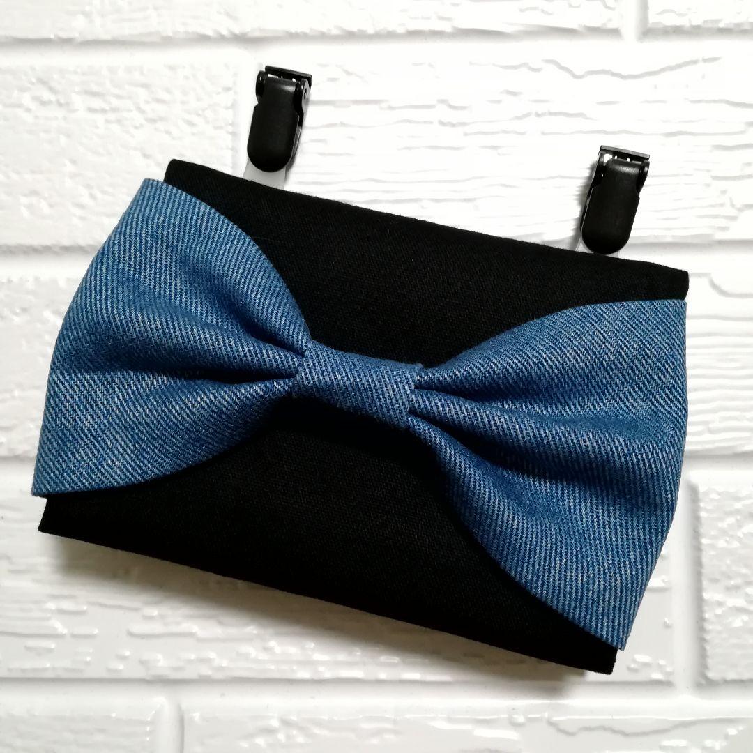 デニム風大きなリボン ☆ クリップ付 ☆ 移動ポケット ☆ ハンドメイド